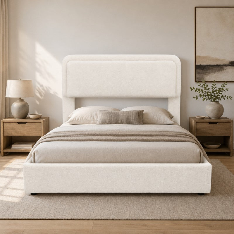 Modern Upholstered Platform Bed Frame – Cream White