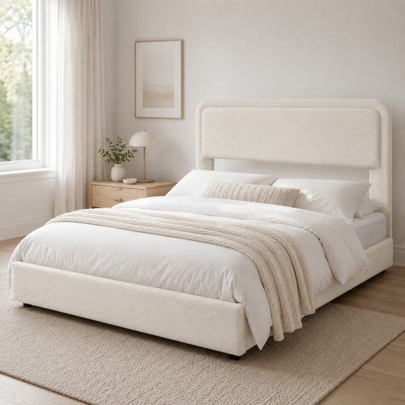 Modern Upholstered Platform Bed Frame – Cream White