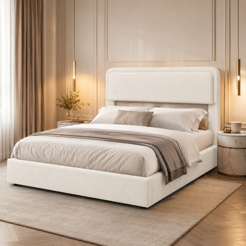 Modern Upholstered Platform Bed Frame – Cream White