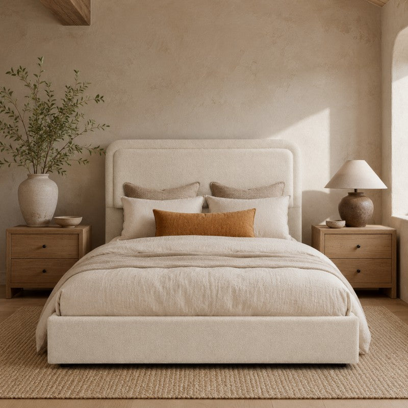 Modern Upholstered Platform Bed Frame – Cream White