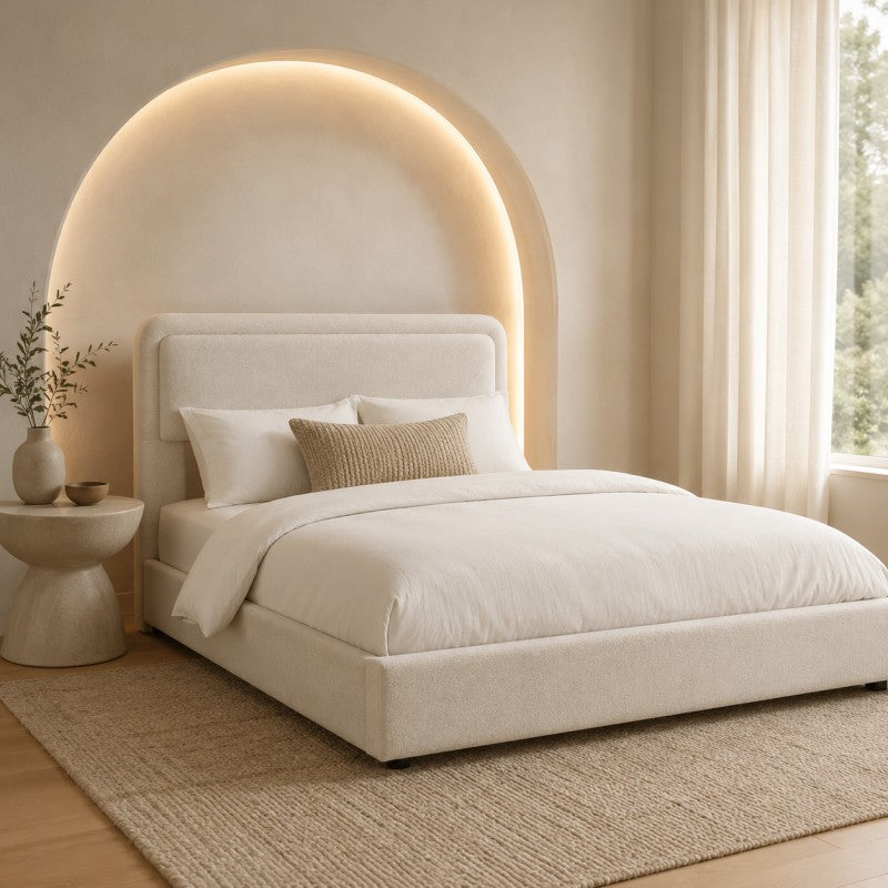 Modern Upholstered Platform Bed Frame – Cream White
