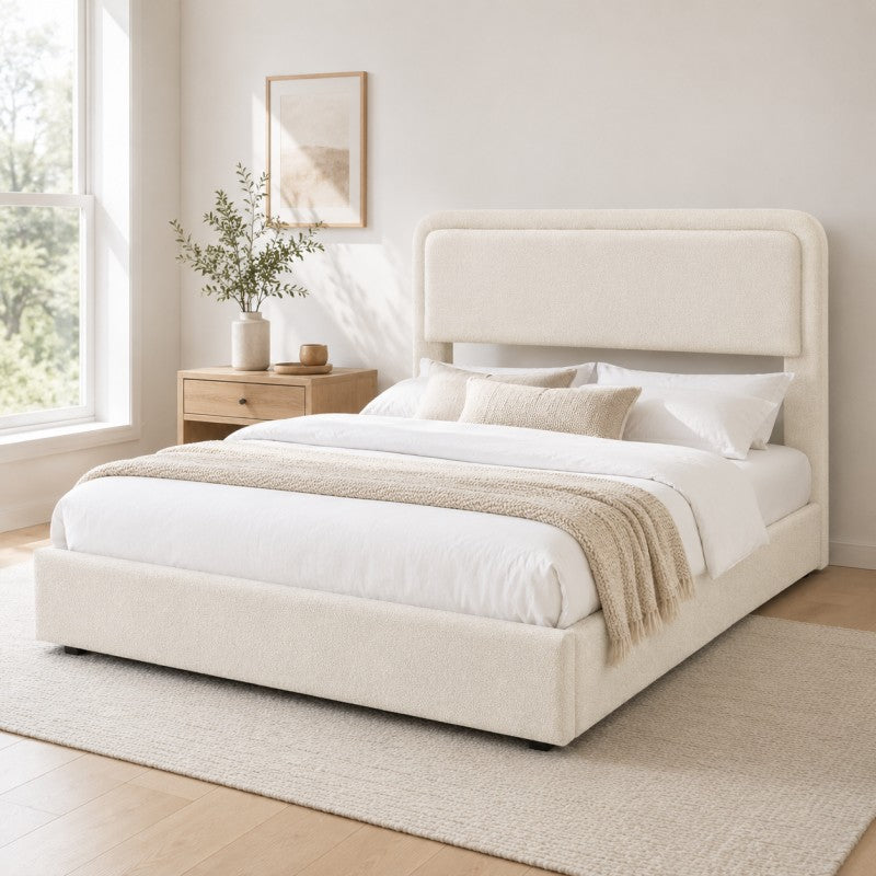 Modern Upholstered Platform Bed Frame – Cream White