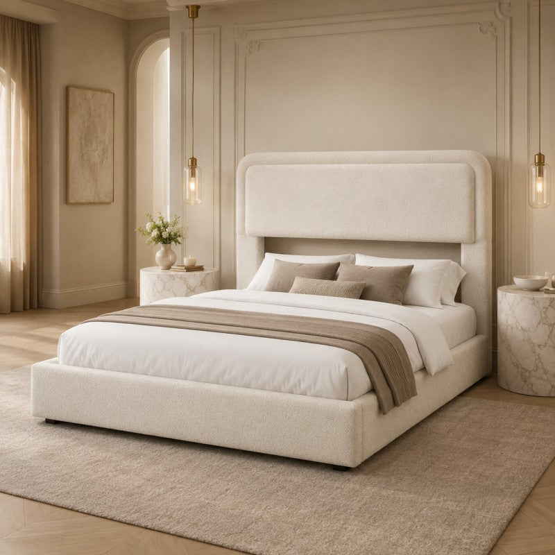 Modern Upholstered Platform Bed Frame – Cream White