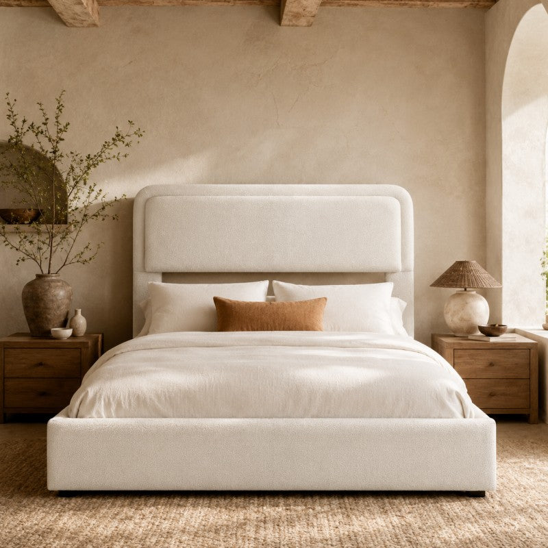 Modern Upholstered Platform Bed Frame – Cream White
