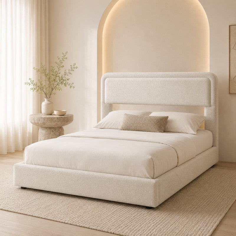 Modern Upholstered Platform Bed Frame – Cream White