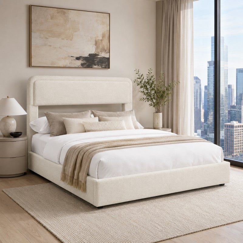 Modern Upholstered Platform Bed Frame – Cream White