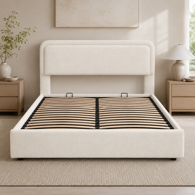 Modern Upholstered Platform Bed Frame – Cream White