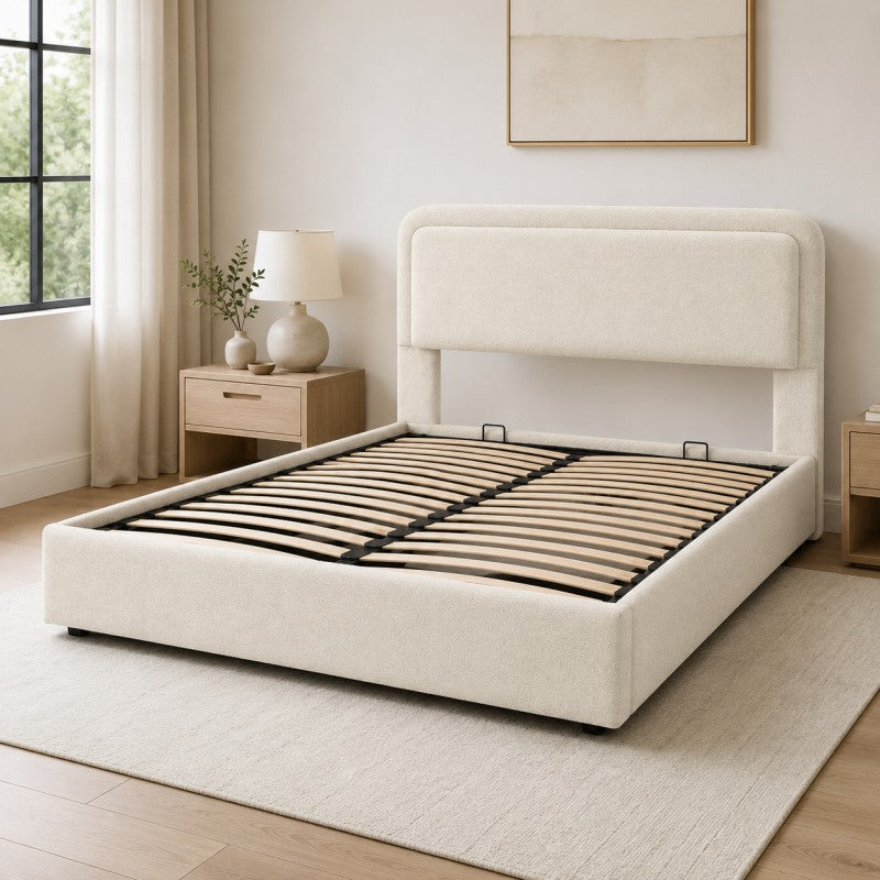 Modern Upholstered Platform Bed Frame – Cream White