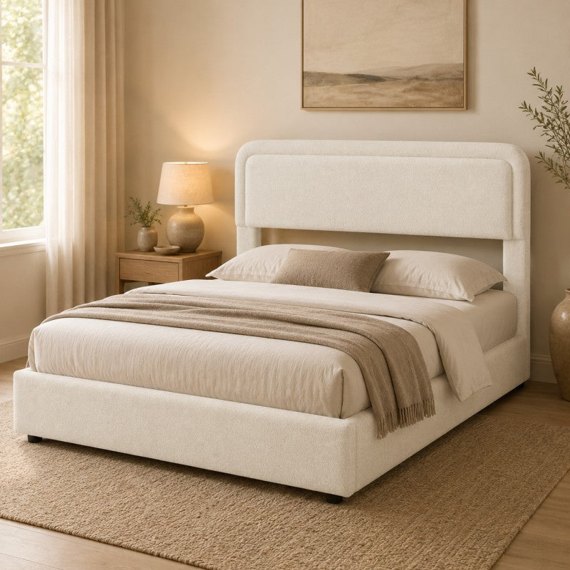 Modern Upholstered Platform Bed Frame – Cream White