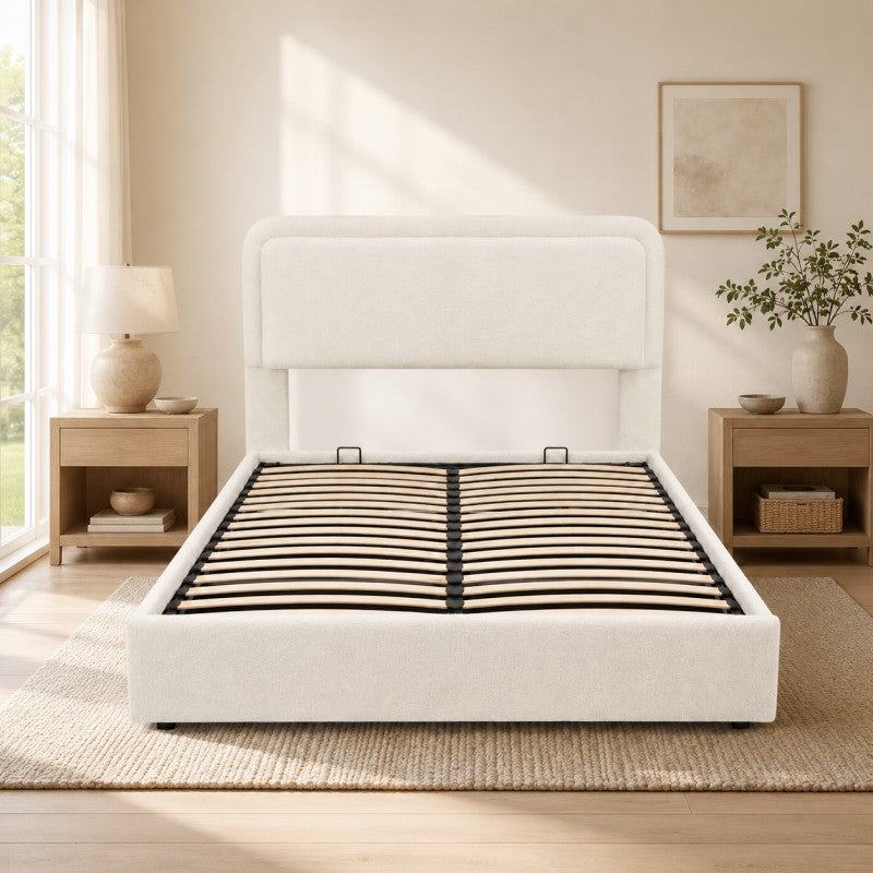 Modern Upholstered Platform Bed Frame – Cream White