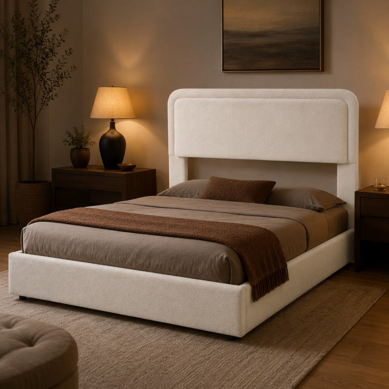 Modern Upholstered Platform Bed Frame – Cream White