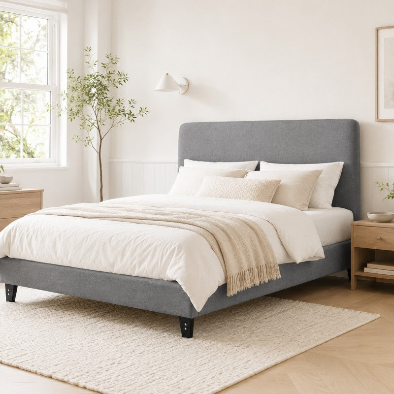 Modern Upholstered Platform Bed Frame – Gray, Metal Legs