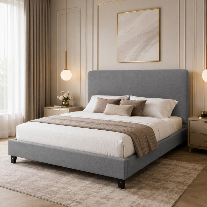 Modern Upholstered Platform Bed Frame – Gray, Metal Legs