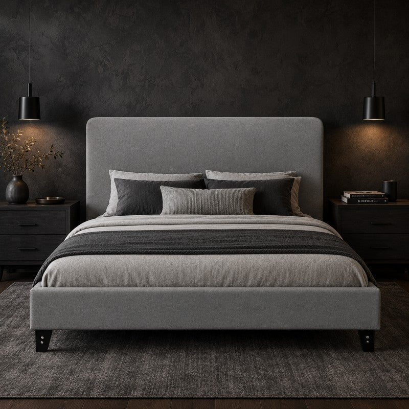 Modern Upholstered Platform Bed Frame – Gray, Metal Legs
