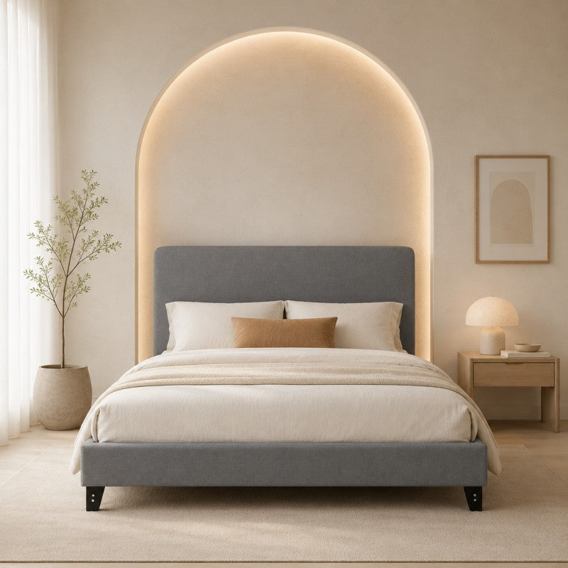 Modern Upholstered Platform Bed Frame – Gray, Metal Legs