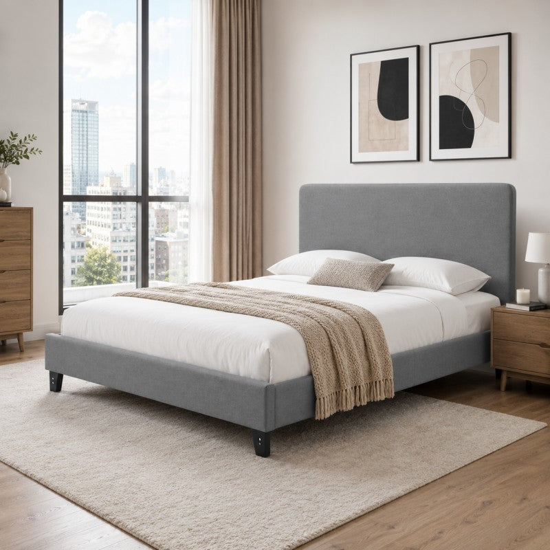 Modern Upholstered Platform Bed Frame – Gray, Metal Legs