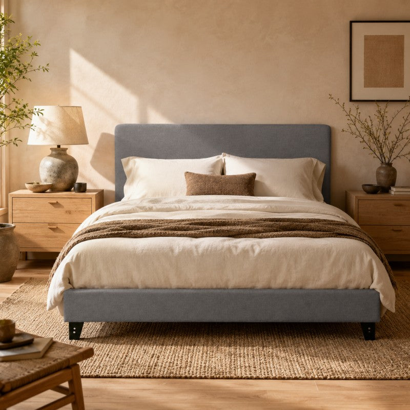 Modern Upholstered Platform Bed Frame – Gray, Metal Legs
