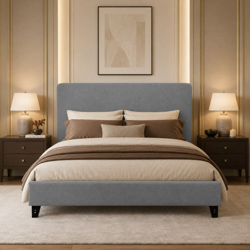 Modern Upholstered Platform Bed Frame – Gray, Metal Legs