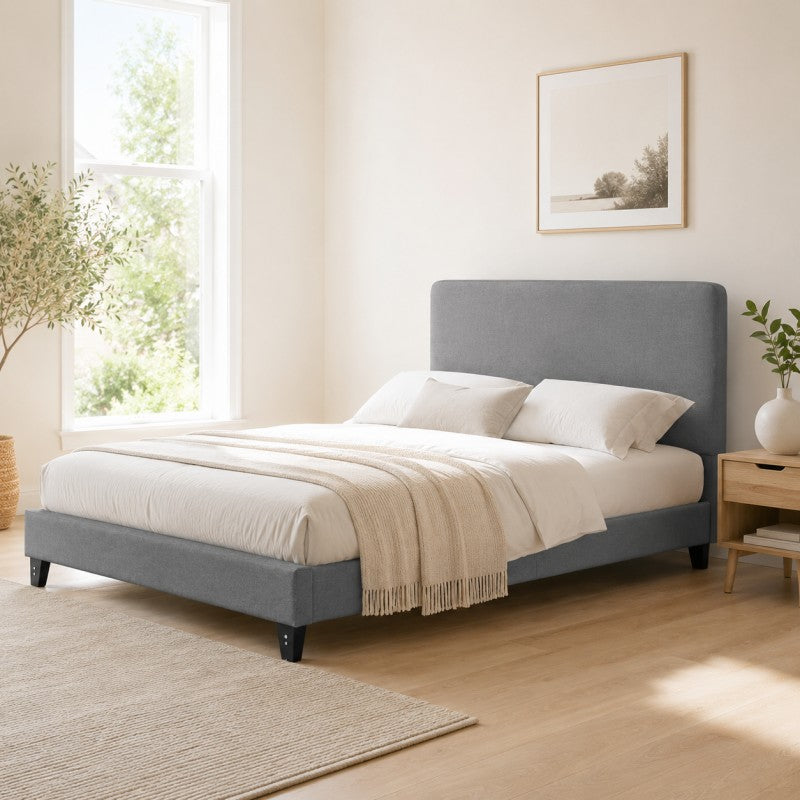 Modern Upholstered Platform Bed Frame – Gray, Metal Legs