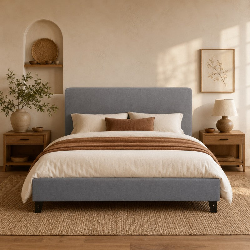 Modern Upholstered Platform Bed Frame – Gray, Metal Legs