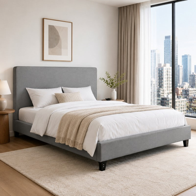 Modern Upholstered Platform Bed Frame – Gray, Metal Legs