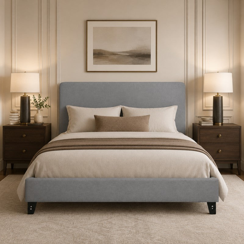 Modern Upholstered Platform Bed Frame – Gray, Metal Legs