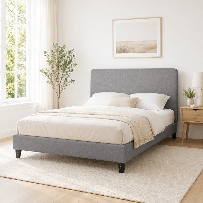 Modern Upholstered Platform Bed Frame – Gray, Metal Legs