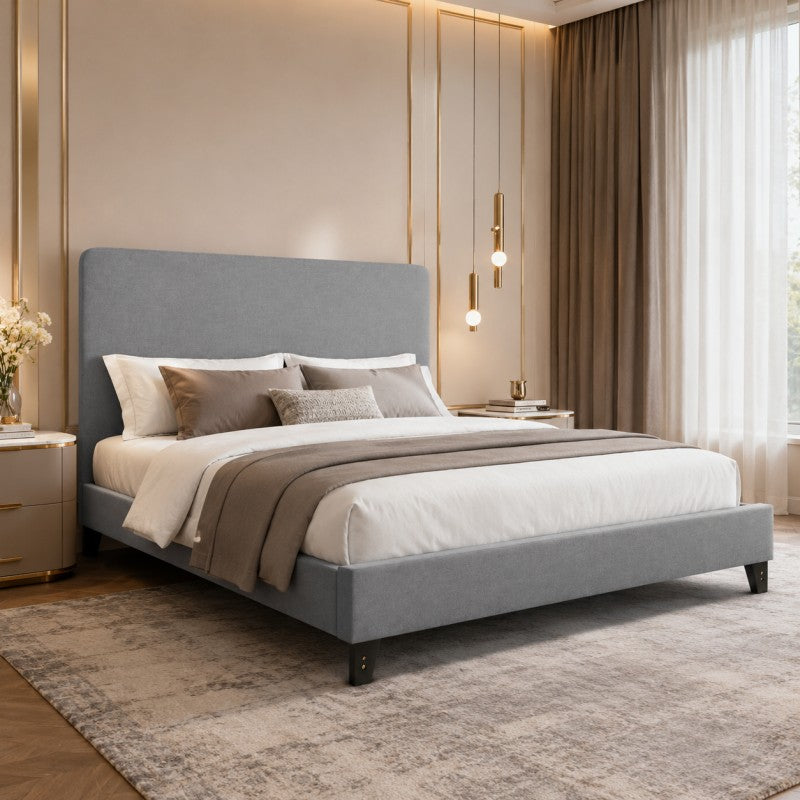 Modern Upholstered Platform Bed Frame – Gray, Metal Legs