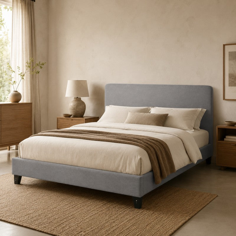 Modern Upholstered Platform Bed Frame – Gray, Metal Legs