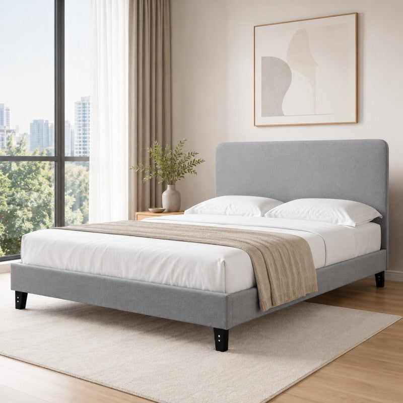 Modern Upholstered Platform Bed Frame – Gray, Metal Legs