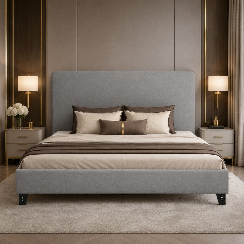 Modern Upholstered Platform Bed Frame – Gray, Metal Legs