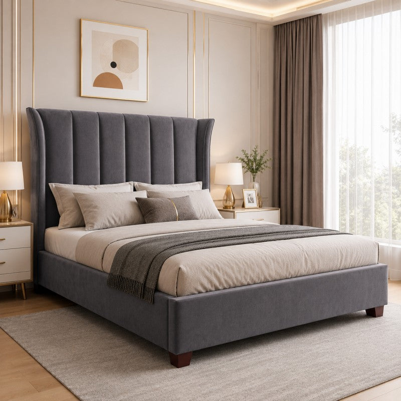 Modern Wingback Upholstered Bed – Gray