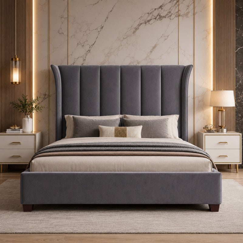 Modern Wingback Upholstered Bed – Gray
