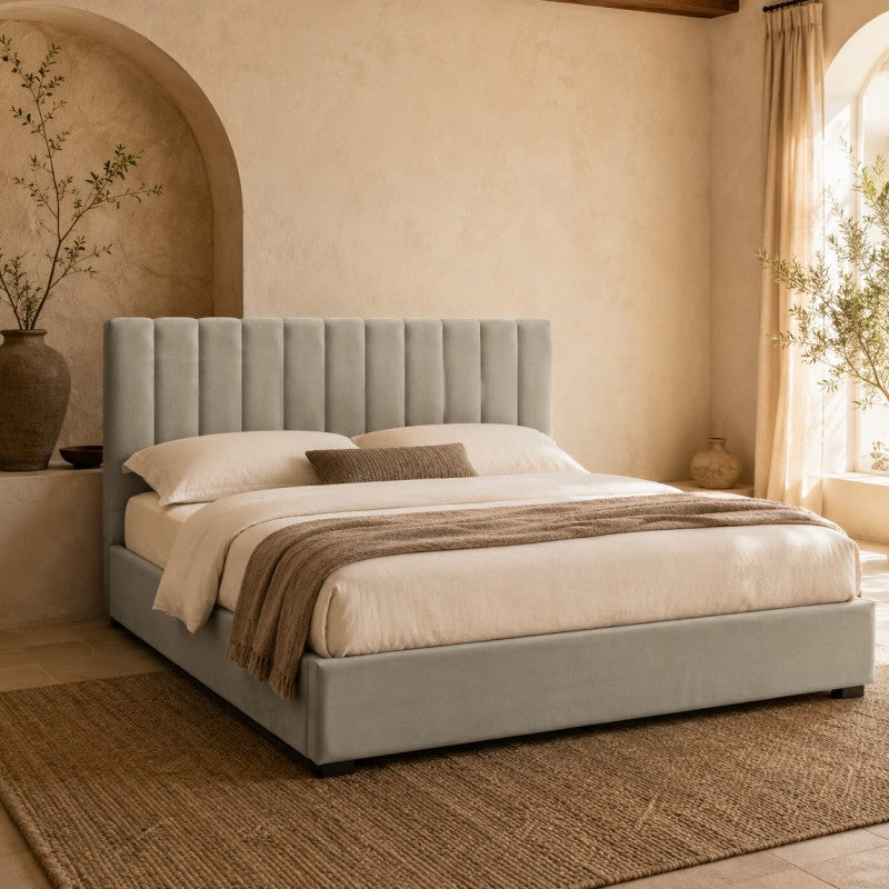 Upholstered Platform Bed Frame – Beige-Gray, King