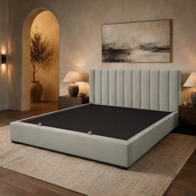 Upholstered Platform Bed Frame – Beige-Gray, King