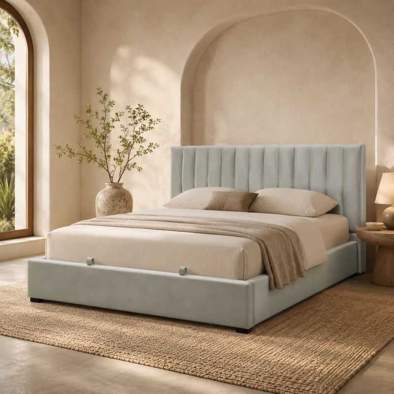Upholstered Platform Bed Frame – Beige-Gray, King