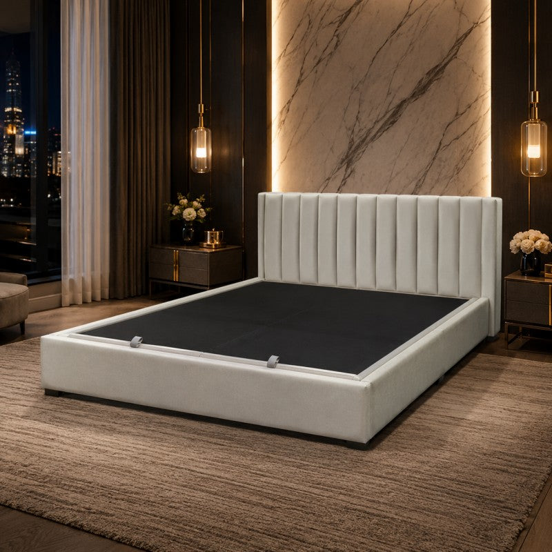 Upholstered Platform Bed Frame – Beige-Gray, King