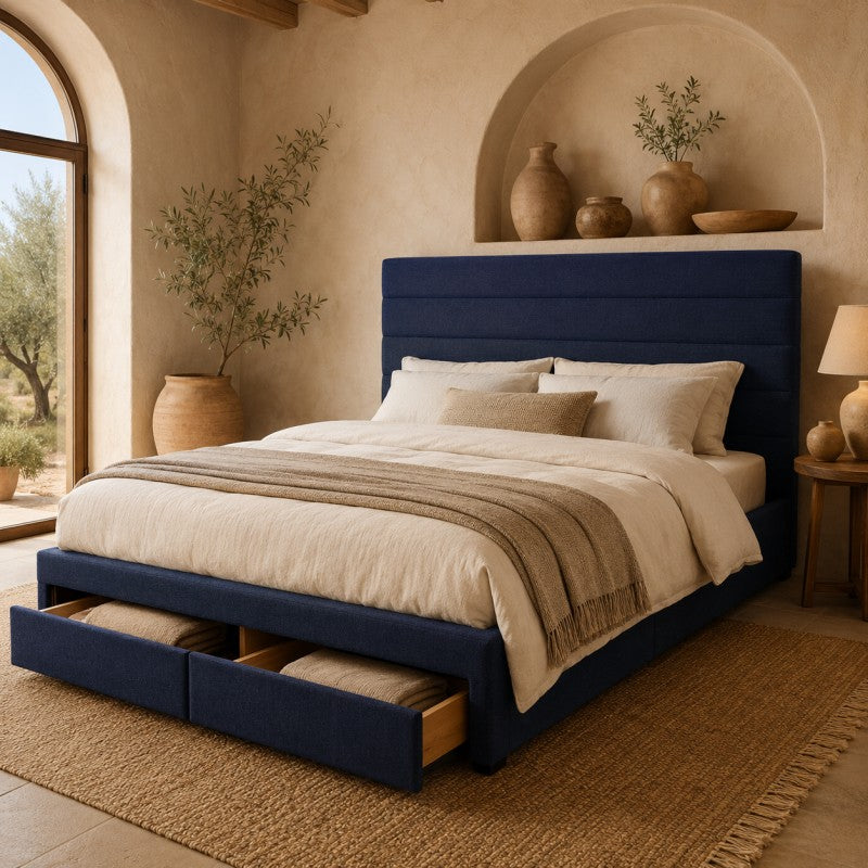 Blue Upholstered Storage Bed Frame – King
