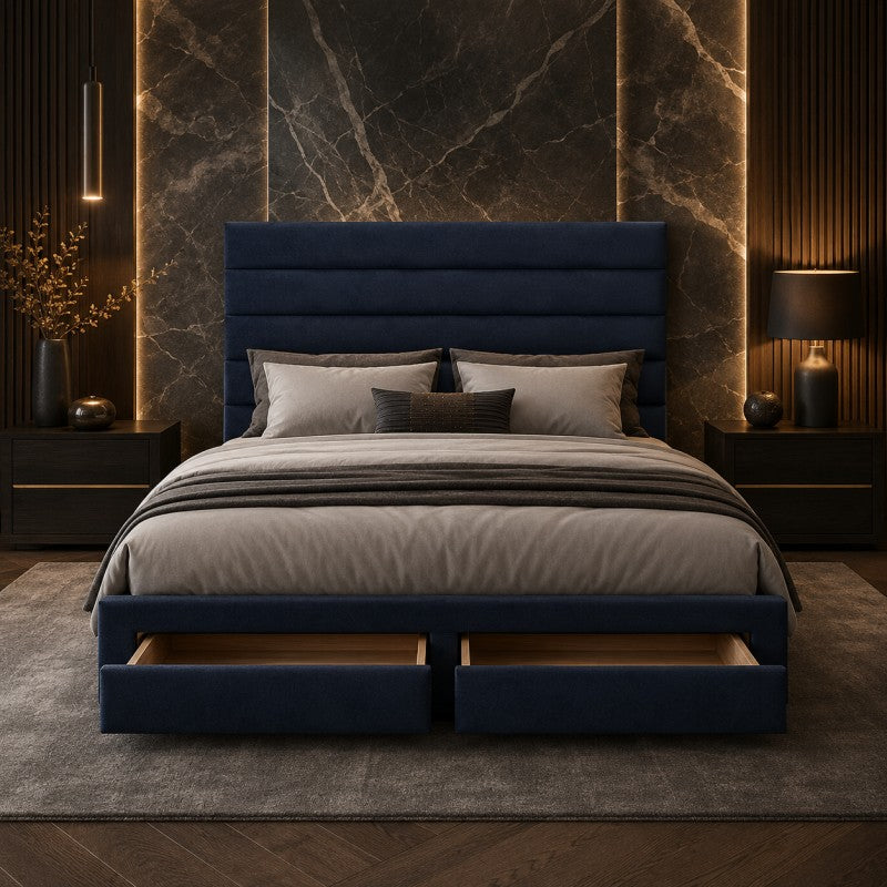 Blue Upholstered Storage Bed Frame – King