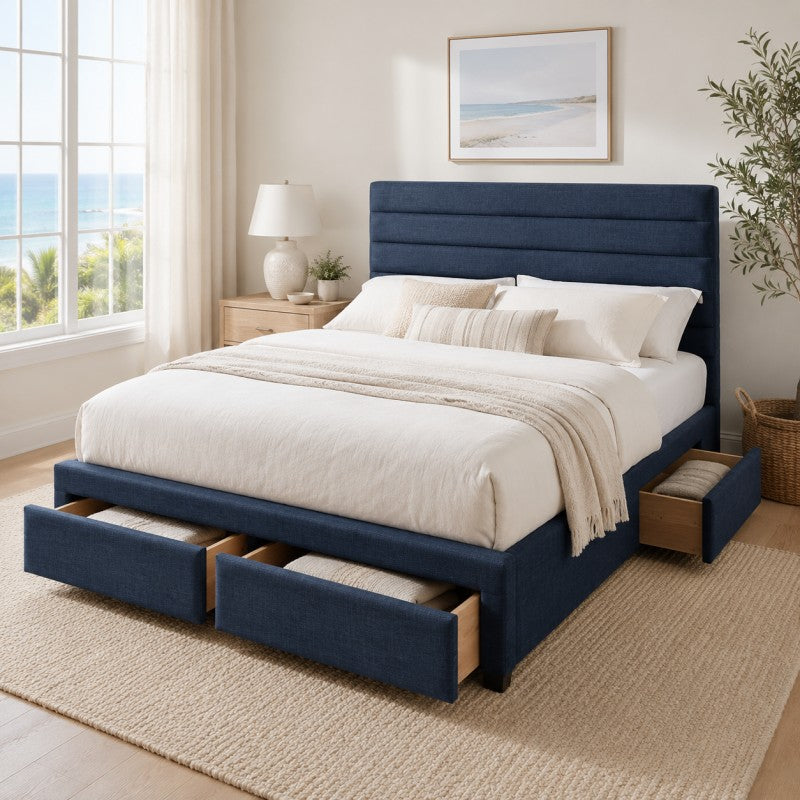 Blue Upholstered Storage Bed Frame – King
