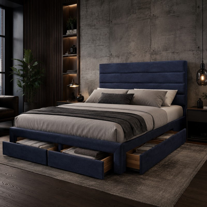 Blue Upholstered Storage Bed Frame – King
