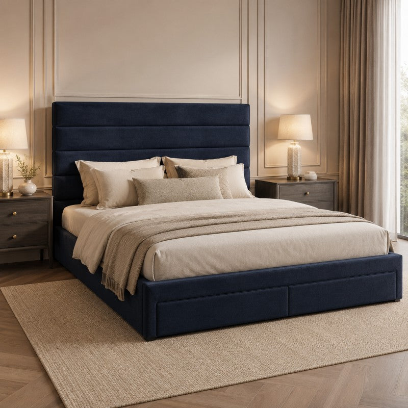 Blue Upholstered Storage Bed Frame – King