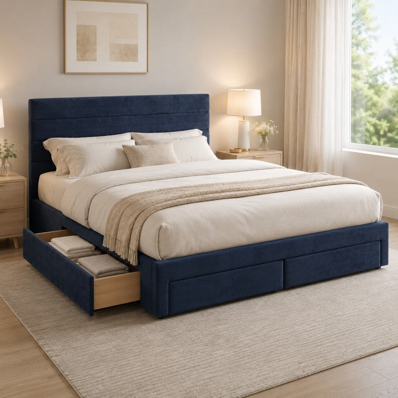 Blue Upholstered Storage Bed Frame – King