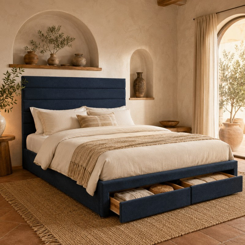 Blue Upholstered Storage Bed Frame – King