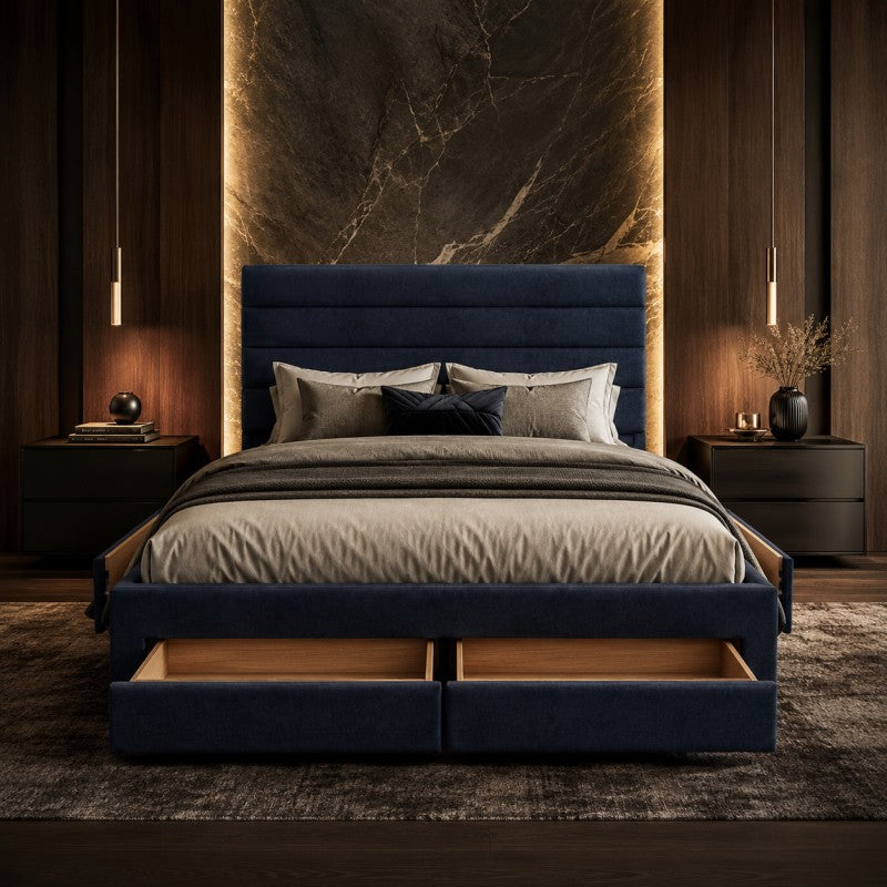 Blue Upholstered Storage Bed Frame – King