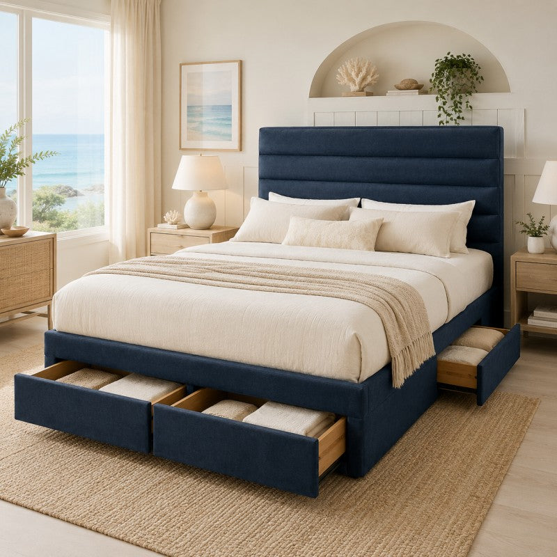 Blue Upholstered Storage Bed Frame – King