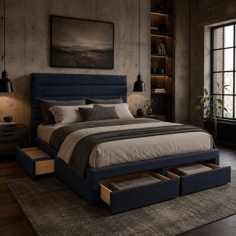 Blue Upholstered Storage Bed Frame – King