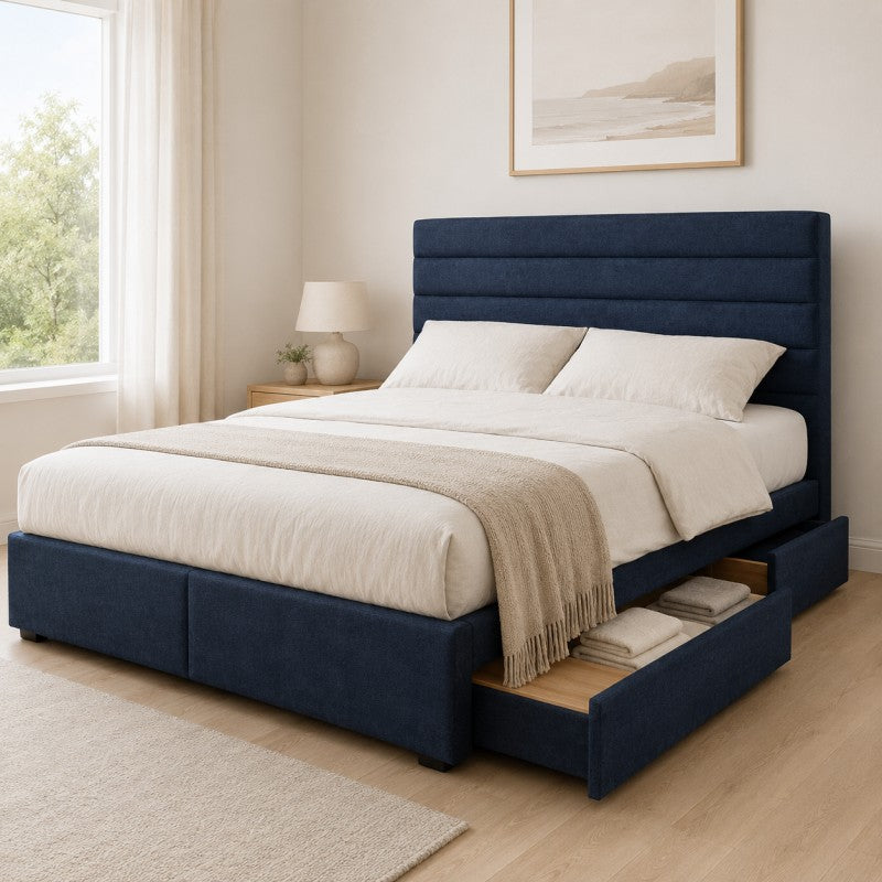 Blue Upholstered Storage Bed Frame – King