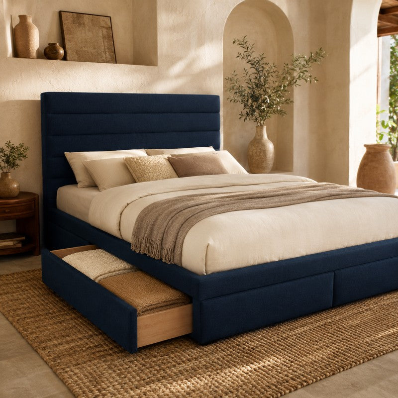 Blue Upholstered Storage Bed Frame – King