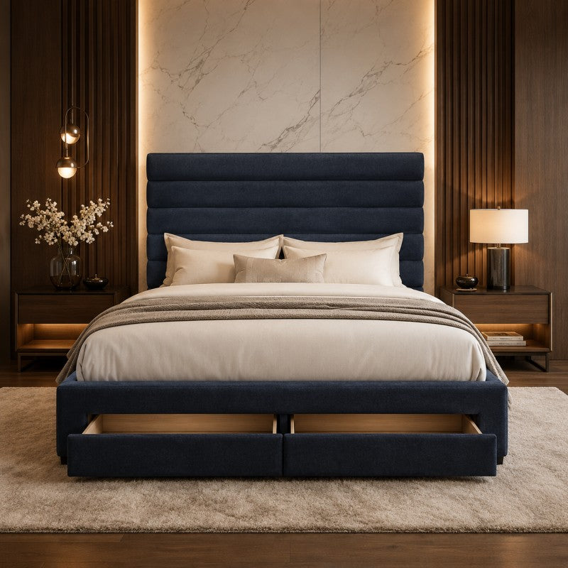 Blue Upholstered Storage Bed Frame – King